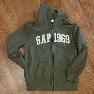 GAP Olive Green Hooded Zip-Up Sweatshirt with White Logo Kids Size 10-12